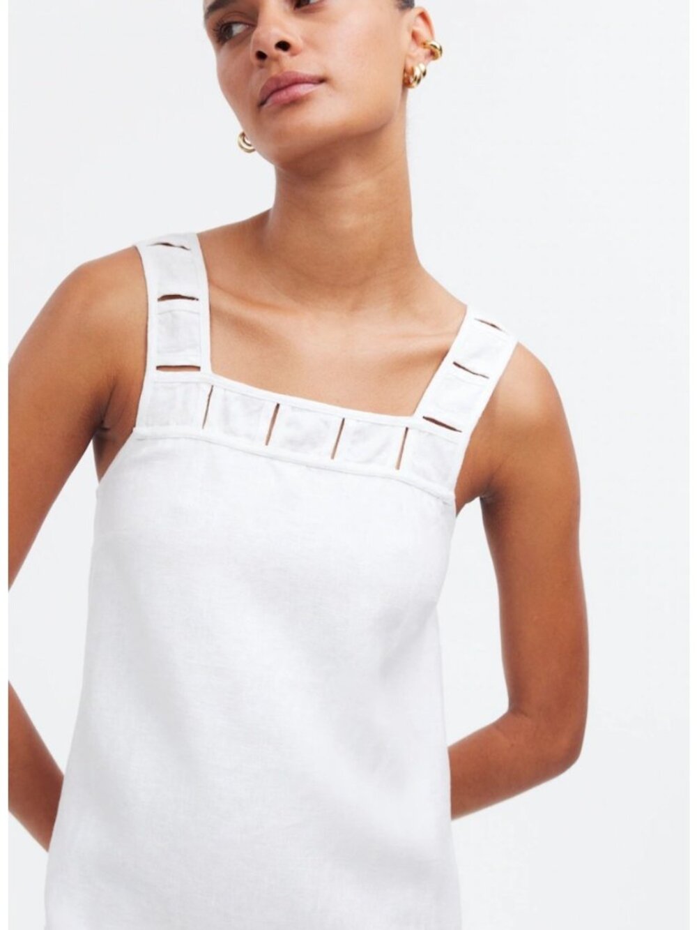 Madewell Embroidered Eyelet Square Neck Linen Tank Mini Dress White Sz 8 - Picture 3 of 11